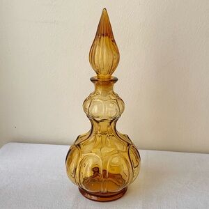 Vintage Empoli Italian Amber Glass Corset Genie Bottle Cruet with Flame Stopper